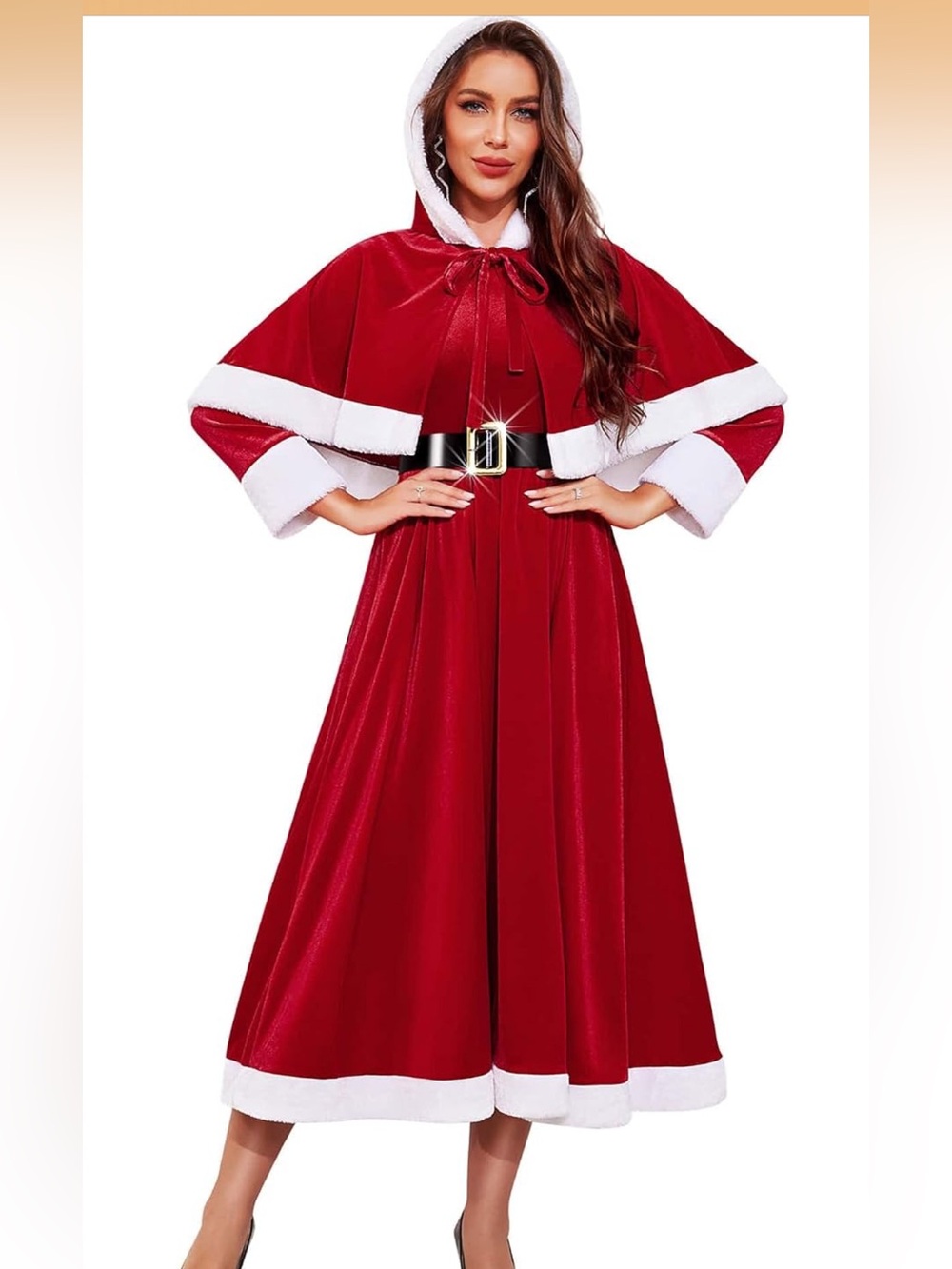 Christmas Dresses for Women - Mrs Claus Santa Costume with Removable Hooded Cape